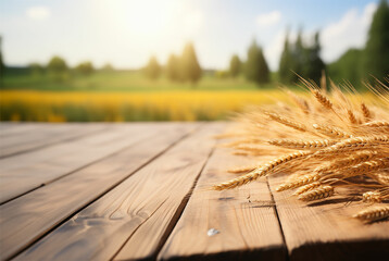 The empty wooden table top with blur background of wheat farm. made with generative ai