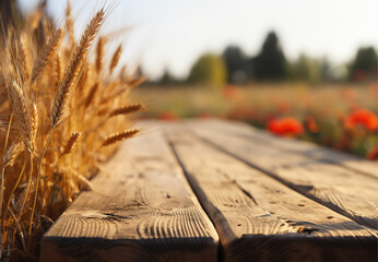 The empty wooden table top with blur background of wheat farm. made with generative ai