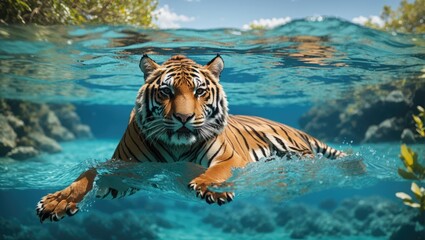 Tiger gracefully swimming in clear blue water, surrounded by serene nature.