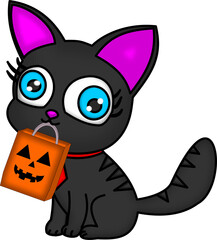 Gatinho preto de halloween, segurando uma sacola de compras, fofinho, com olhos azuis, vetor, ideal para decoração de publicidade de lojas de halloween