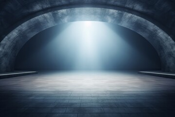Tunnel empty stage or podium on blue grey background with fog