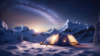 "Radiant Winter Camping: Milky Way Night Sky Over Snowy Mountain Expedition"