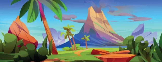 Foto auf Alu-Dibond Volcano eruption cartoon vector landscape with active volcanic mountain with smoke on island surrounded by sea or ocean water, tropical forest with palm trees, green grass and bushes, and blue sky. © klyaksun