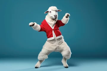 Poster Santa sheep dancing on blue background © kramynina