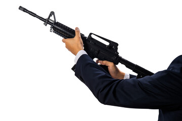 Hand Holding Automatic M 16 Machine Gun isolated on white background, Hand Holding Rifle Gun on White Background With clipping path.