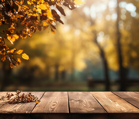 Naklejka na ściany i meble The empty rustic wooden table for product display with blur background of autumn forest. Made with generative ai