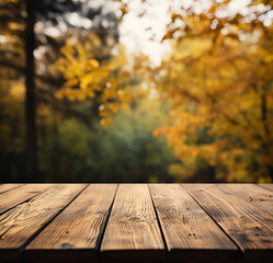 Naklejka na ściany i meble The empty rustic wooden table for product display with blur background of autumn forest. Made with generative ai