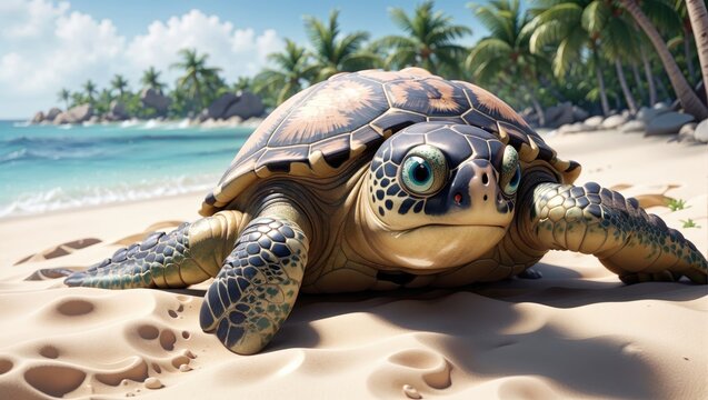 "Image of a serene sea turtle gracefully resting on a tropical sandy beach, with gentle ocean waves rolling ashore."