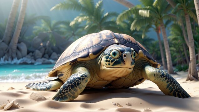 "Image of a serene sea turtle gracefully resting on a tropical sandy beach, with gentle ocean waves rolling ashore."