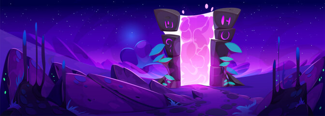 Fantasy portal - entrance to parallel reality, another dimension or level in game. Cartoon vector dream landscape with magical door made of stone glows pink from inside. Alien or wizard unreal world.