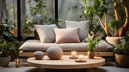 Obraz premium Beige velvet sofa with terra cotta cushions between houseplants. Wooden round coffee table near ottoman on knitted rug. Scandinavian interior design of modern living room