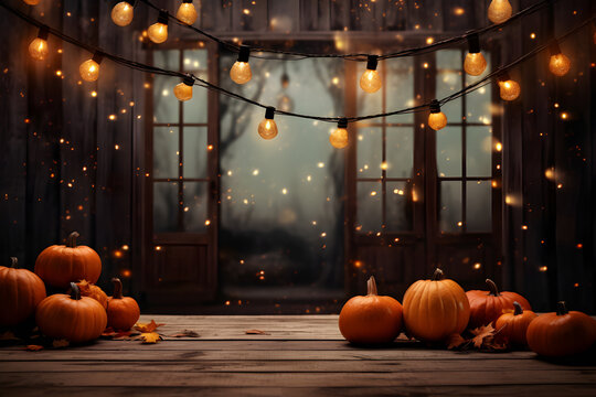 Halloween, orange pumpkins on a wooden ground on a bokeh glowing background. Generative AI