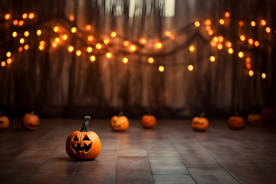 Halloween, orange pumpkins on a wooden ground on a bokeh glowing background. Generative AI