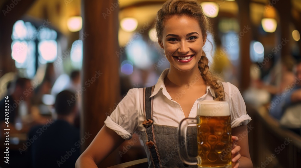 Wall mural Serving Smiles: A Waitress's Grace with Beer at Oktoberfest