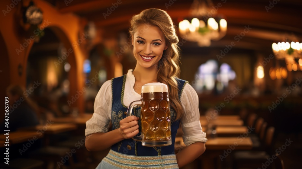 Wall mural Serving Smiles: A Waitress's Grace with Beer at Oktoberfest