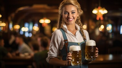 Serving Smiles: A Waitress's Grace with Beer at Oktoberfest