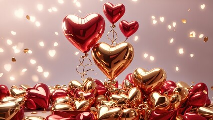 red gold hearts foil balloons gifts Valentines Day background