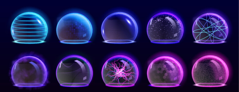 Set of neon sphere shields isolated on black background. Vector realistic illustration of 3D domes with mesh texture, lightning bolt inside, mysterious smoke around, abstract lines on glass surface