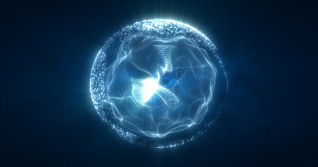 Abstract blue energy sphere from particles and waves of magical glowing on a dark background