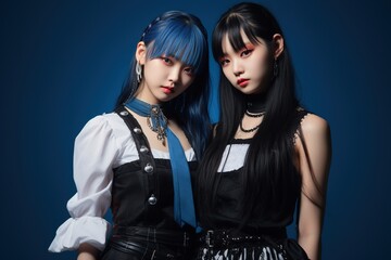 Fototapeta na wymiar Portrait of two beautiful asian women in Fashion outfits on blue background