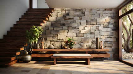 Coastal interior design of modern entrance hall with stone tiles wall and wooden rustic elements 