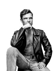 handsome man in leather jacket on white background