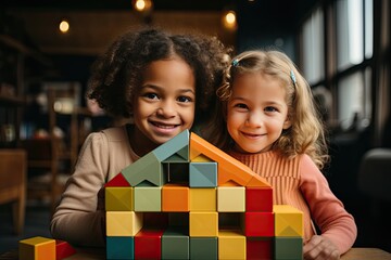 Kids playing with colorful toy blocks. Little different nationalities white and black girls building tower of block toys. Educational and creative toys and games for children. Kid in children room - obrazy, fototapety, plakaty