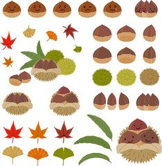 食べ物アイコンセット（秋）：シンプルでかわいい栗・もみじ・イチョウ