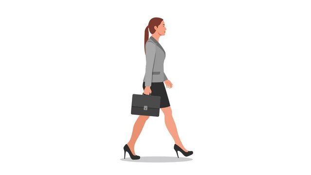 Side view of businesswoman with briefcase walking. Cartoon people animation with alpha channel