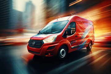 Delivery van on abstract fast motion blur background. - obrazy, fototapety, plakaty