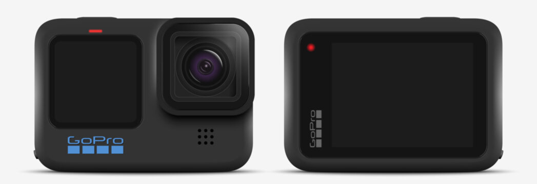 NHA TRANG, VIETNAM - September 13, 2023: New flagship action camera GoPro Hero 12, front and backside view. Photorealistic vector illustration.