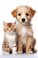 Fototapeta na wymiar Cute little kitten cat and cute puppy dog together isolated on white background