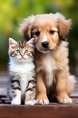 Naklejka na ściany i meble Cute little kitten cat and cute puppy dog together outdoor