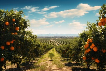 Generative ai of orange grove and lush orange trees. Thick and dense, stretching to the horizon.