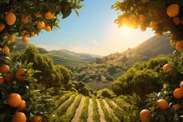 Generative ai of orange grove and lush orange trees. Thick and dense, stretching to the horizon. - Powered by Adobe