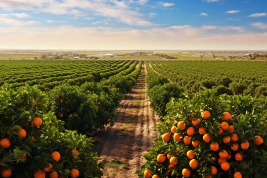 Generative ai of orange grove and lush orange trees. Thick and dense, stretching to the horizon.