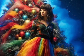 クリスマスと日本人のアート写真（ポートレート・カラフルな背景・アジア人）