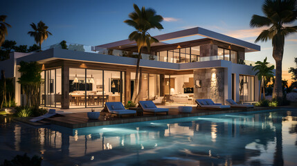 Exterior of amazing modern minimalist cubic villa with large swimming pool among palm trees - obrazy, fototapety, plakaty