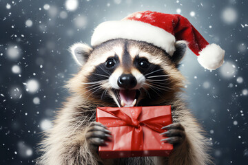 Fototapeta na wymiar Excited christmas raccoon with gift box and santa hat in the winter snow. Generative AI