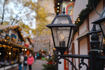 street lamp against the background of a Christmas street in a European city
