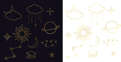 Obraz na płótnie Canvas golden metallic space vector set. set of space and night sky elements. planet, moon, sun, star, constellation icons in line art style