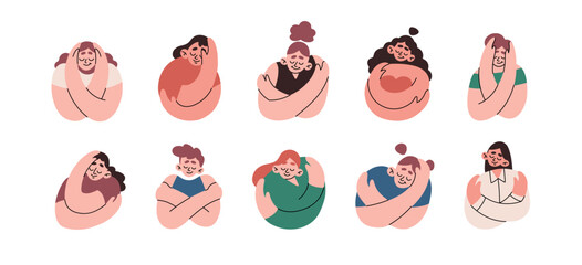 A set of women hugging. Self-Hugging. Caring for yourself, loving yourself, supporting yourself.