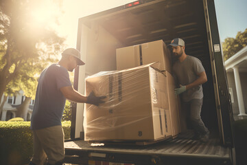 adults man movers carrying furniture and cardboard boxes from truck on street
