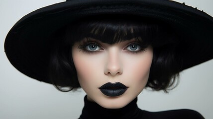 portrait of a woman with hat and black lipstick - obrazy, fototapety, plakaty