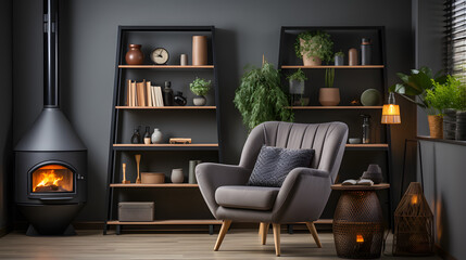 Grey barrel chair against of window and wooden shelving unit and cabinet on dark wall. Scandinavian style interior design of modern living room