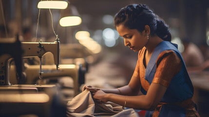 Woman's Final Touches Transform Garment Sheets in Textile Workshop
