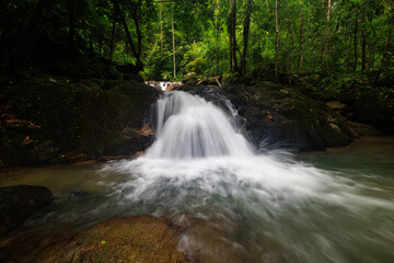 Krating waterfall in the rainy season and refreshing greenery forest in the national park of Khao Khitchakut Chanthaburi province Thailand, for background wallpaper,