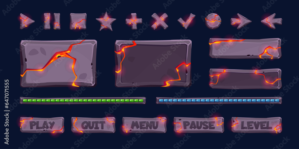 Poster stone with lava texture game interface vector. volcano board crack ui button cartoon illustration se