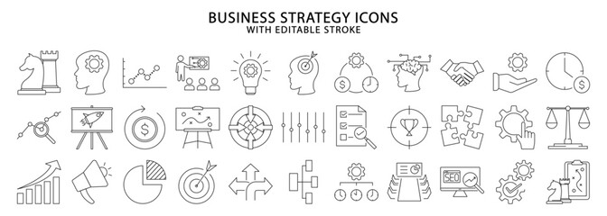 Business strategy icons. Set icon about business strategy. Business strategy line icons. Vector illustration. Editable stroke.