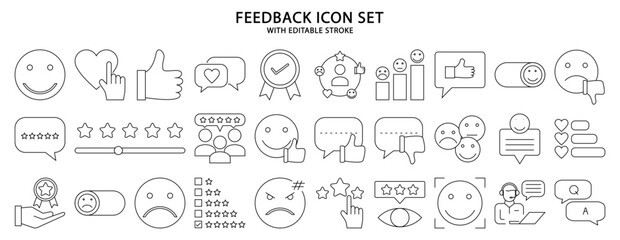 Feedback Icons. Set icon about feedback. Feedback line icons. Vector illustration. Editable stroke.